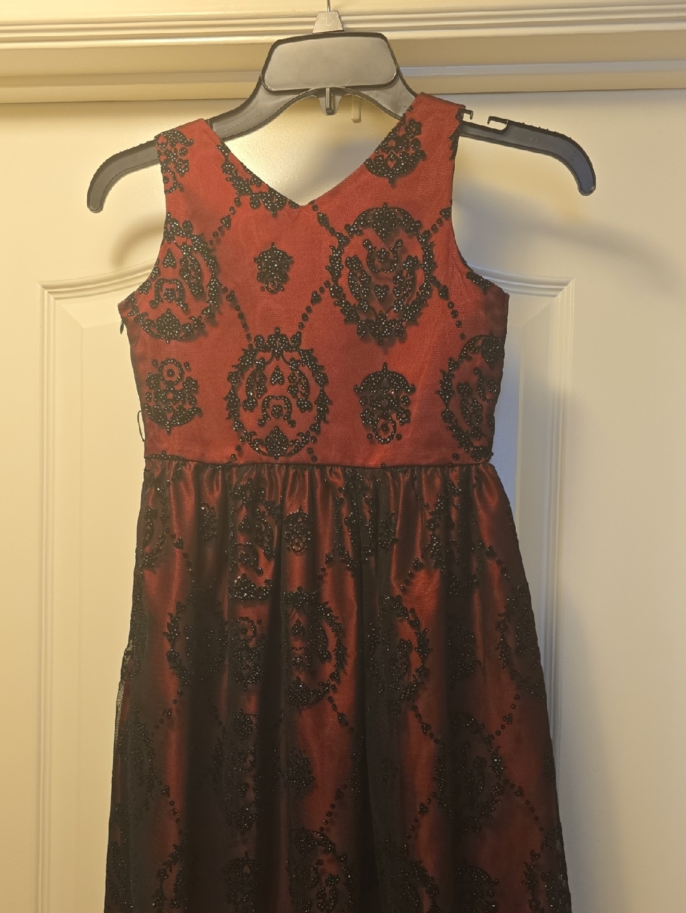 Girls' Burgundy Formal Dress with Black Beaded Overlay